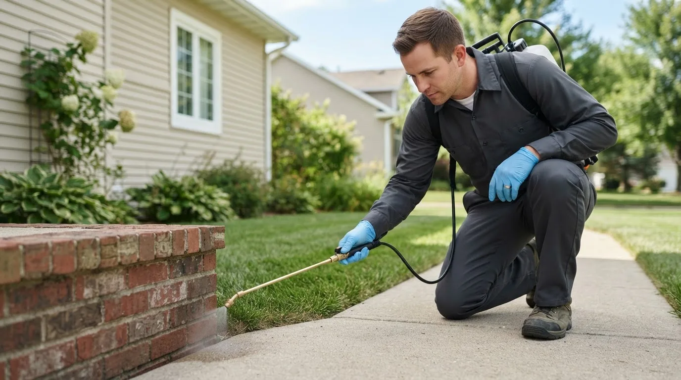 Pest control technician treating a home near Churchville, NY