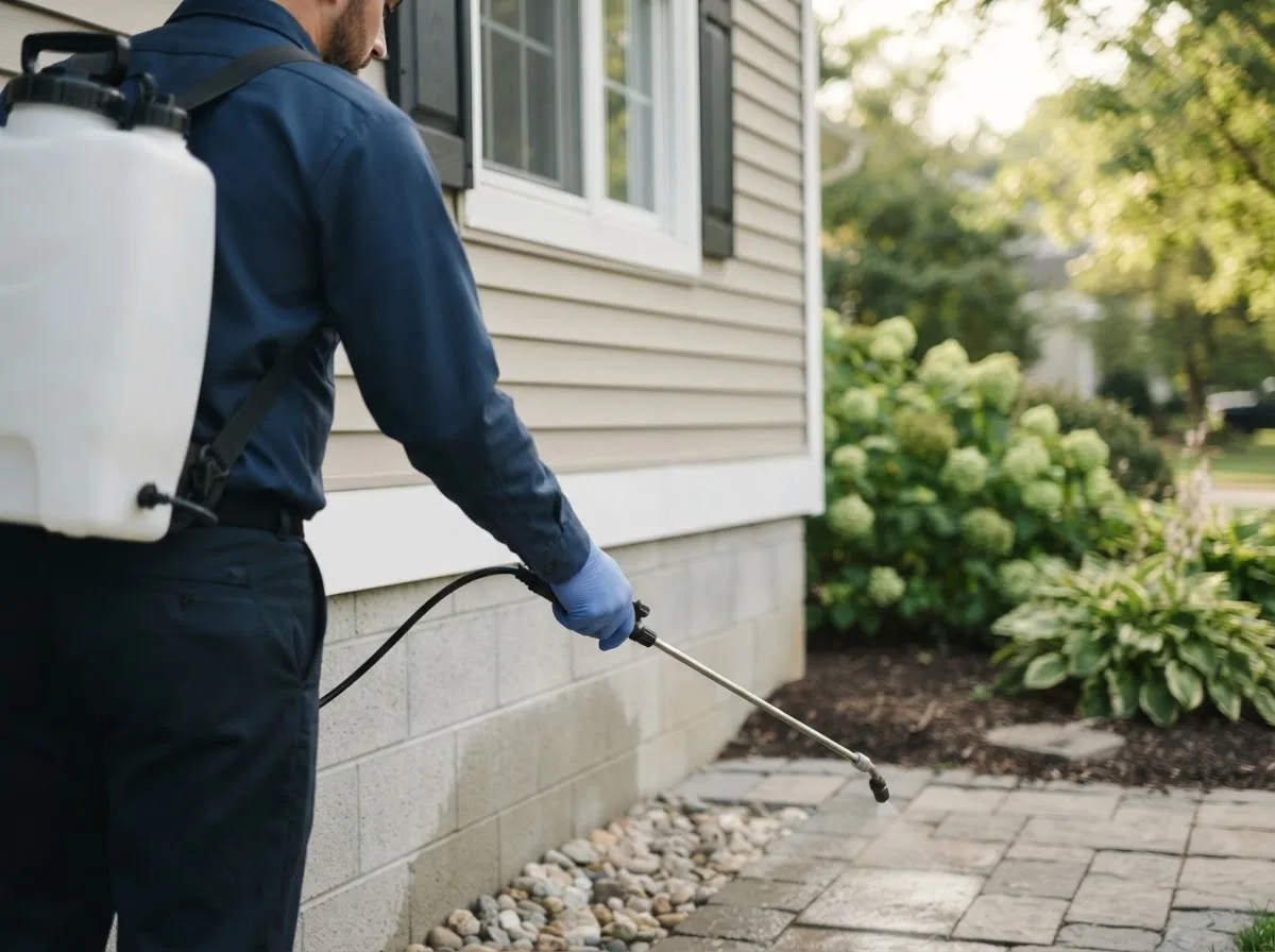 Pest control technician inspecting a home in Churchville, NY